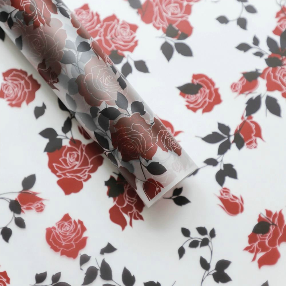 MYHC-79 Pellicola per imballaggio di fiori trasparente, bicolore, con stampa di rose